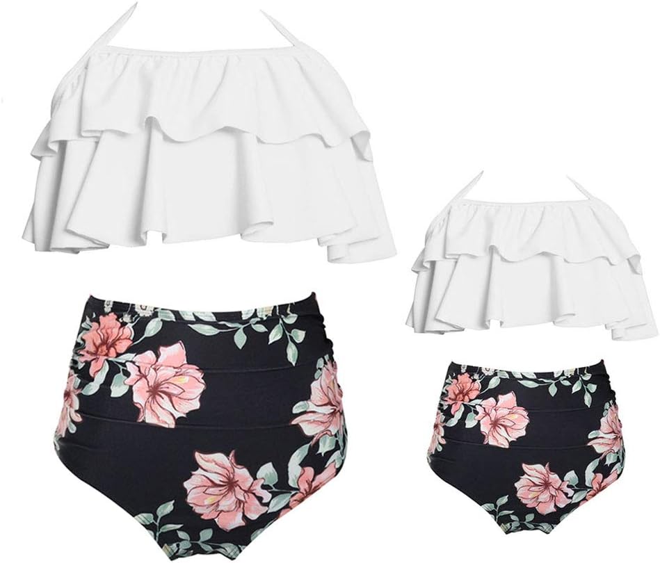 2Pcs Mommy and Me Matching Family Swimsuit Ruffle Women Swimwear Kids Children Toddler Bikini Bathing Suit Beachwear Sets