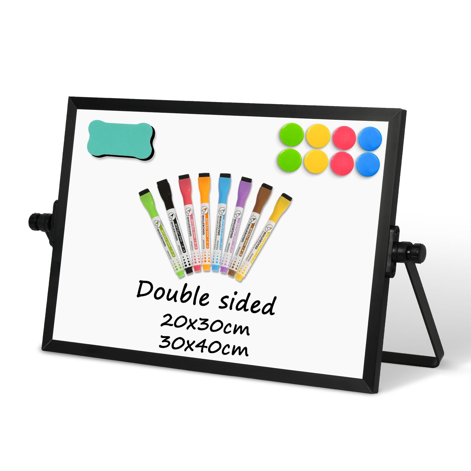 DOLLAR BOSS Magnetic Desktop Whiteboard 20x30cm Black Frame Double Sided Dry Erase Small White Board with Stand, A4 Mini Whiteboard 8 Pens, 1 Eraser, 6 Magnets, for Home, Office