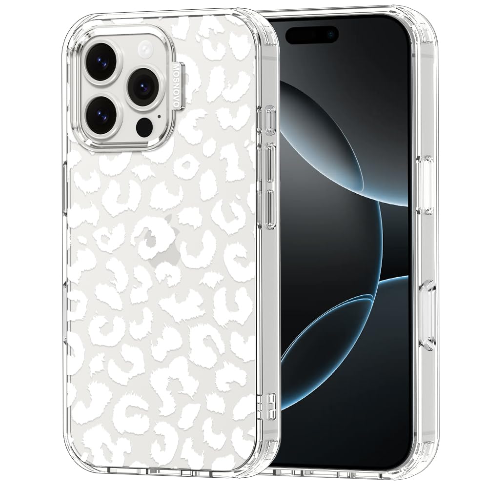 MOSNOVO Case for iPhone 16 Pro Max, [Buffertech 6.6ft Military-Grade Drop Protection] [Anti Peel Off Tech] Clear TPU Bumper Phone Case Cover Design - White Leopard Print