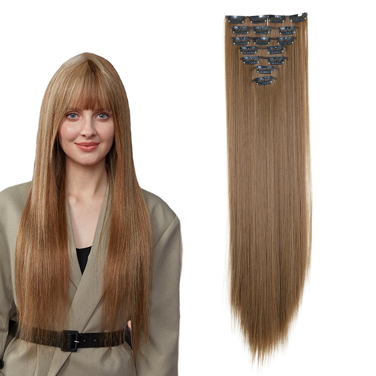 prinfantasy Halo Hair Extensions Hair Long Straight Hair Synthetic Fiber Clip on Hairpieces for Women Light Brown, MW150 — image 1
