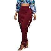 LYANER Women's Fringed Side Tassels Elastic Waist Slim Bodycon Pencil Maxi Skirts