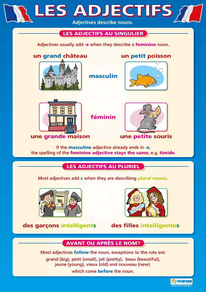 Les Adjectifs | Language Learning Posters | Laminated Gloss Paper measuring 850mm x 594mm (A1) | Second Language Charts for the Classroom | Education Charts by Daydream Education