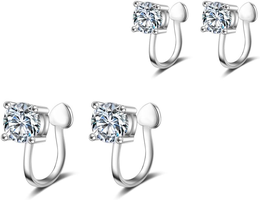6mm and 4mm Stone CZ Unique Ear Cuff Helix Clip On Earrings Set 2 Pcs Silver Tone