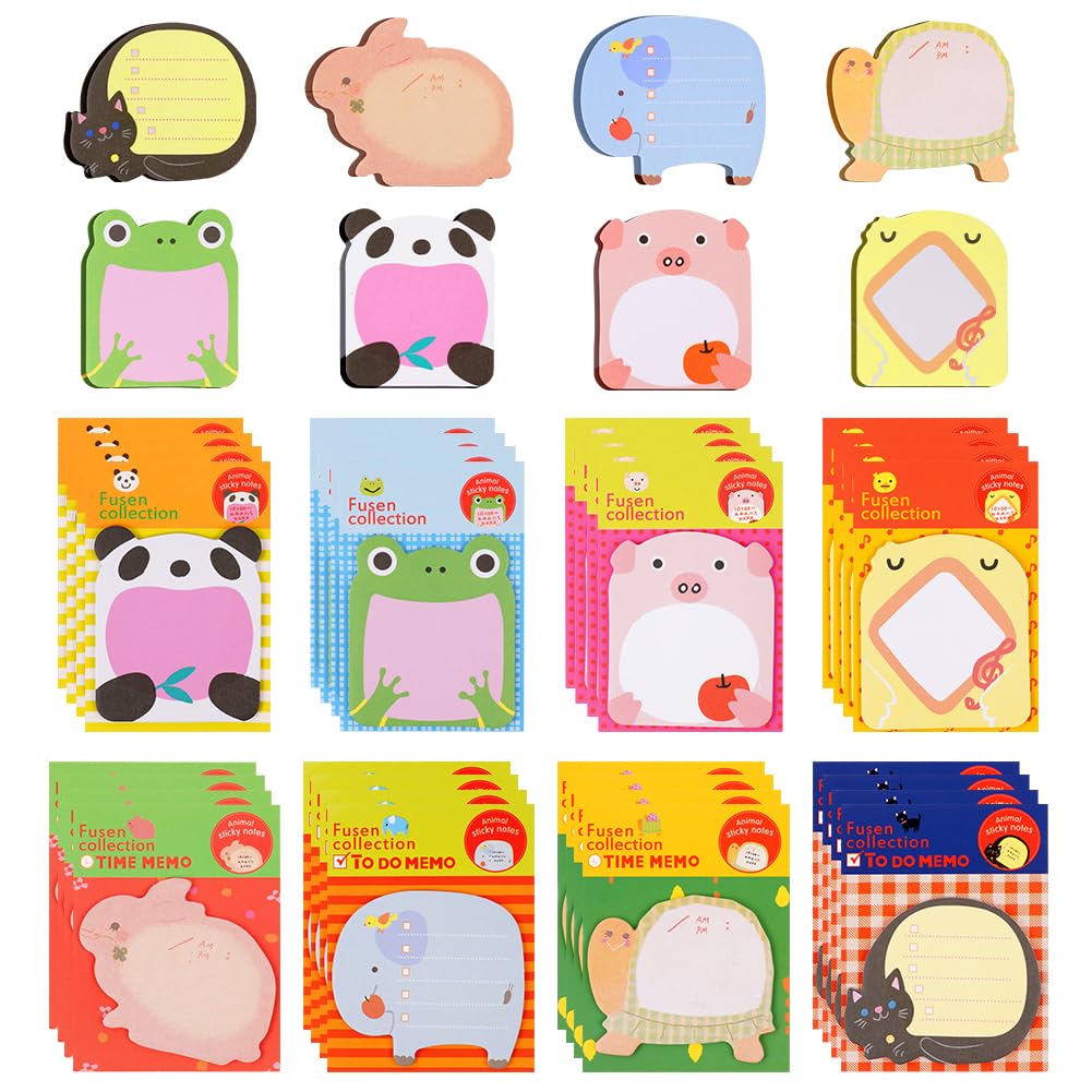 OFFCUP Cartoon Animal Sticky Notes, 32 Pack Cute Sticky Notes Set, 640pcs Sticky Notes for Party Bags Cartoon Message Note for School Office Memo Pupils Children Gifts Party Bags Filler,8 Animals