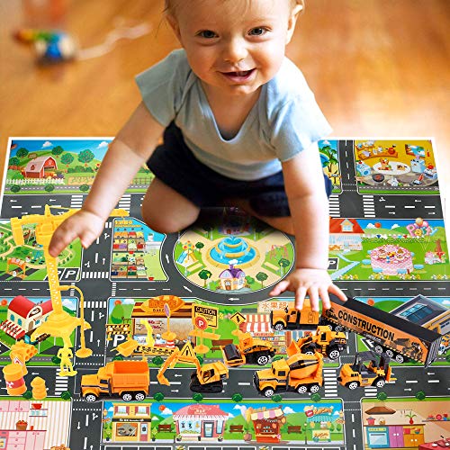 Jellydog Toy Construction Vehicles Set, 26 Piece Die-Cast Construction Trucks, Metal Play Vehicles Set with Street Play Mat,Road Barriers and Signs for Kids Boys and Girls 3 Years