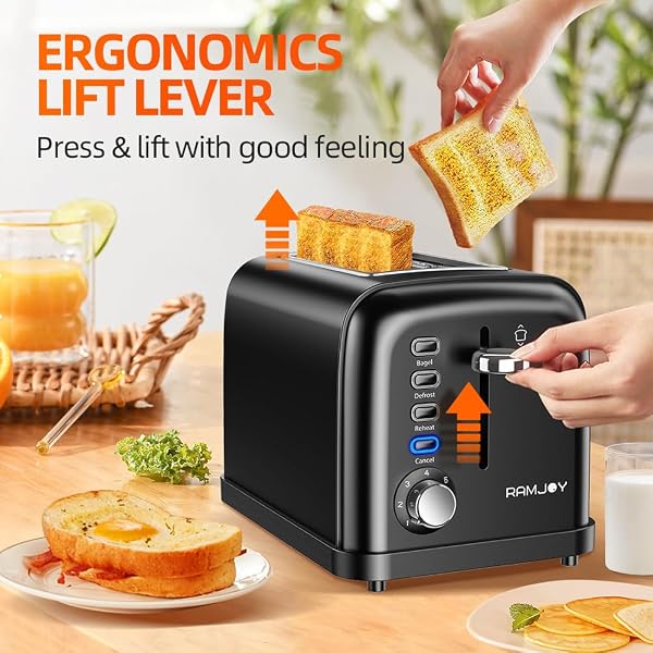 RAMJOY BLACK TOASTER 2 SLICE, EXTRA WIDE SLOT TOASTER FOR BAGELS, BREAD, WAFFLES, 7 SHADE SETTINGS, 4 MAIN FUNCTIONS, REMOVABLE CRUMB TRAY, 900 WATTS TOASTERS, BLACK STAINLESS STEEL