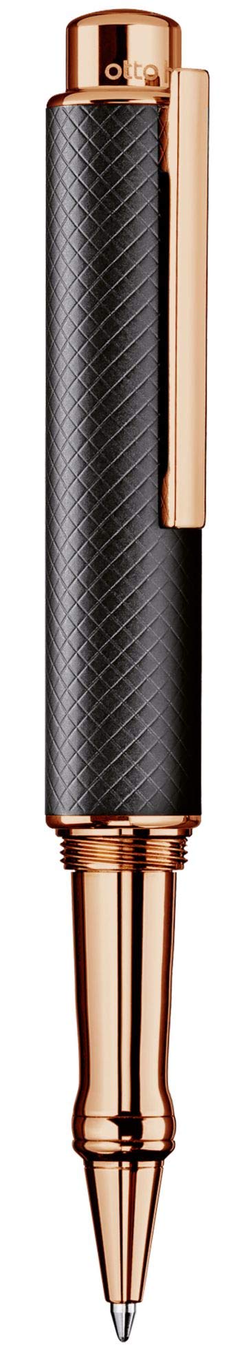 Otto Hutt Design 05 001-16538 Ballpoint Pen with High-Quality Coating, Chequered Guilloche and Matte Surface in Black/Rose Gold with Gas Pressure Refill, Blue
