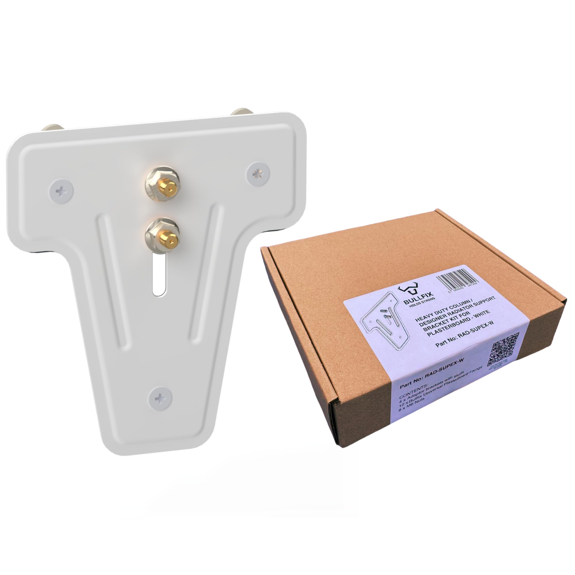 Bullfix Heavy Duty Radiator Support Bracket Kit with Heavy Duty Plasterboard Fixings - Secure Column & Designer Radiator Mounting Brackets for Vertical/Horizontal Installation, 4 Pack, White