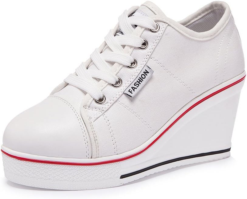 Sokaly Wedge Sneakers for Women Canvas Shoes Platform High Heeled Sneakers Fashion Pump Shoes White
