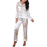 WDIRARA Women's Floral Print 2 Piece Satin Pajama Sets Long Sleeve Button Down Pants Pjs Sleepwear
