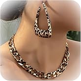 LANWLOSI Leopard Jewelry Set for Women Chunky Cheetah Print Chain Necklace Statement Large Leopard Print Dangle Earrings 80/90s Retro Cheetah Necklace Earrings Set 80s 90s Outfits Jewelry Accessories