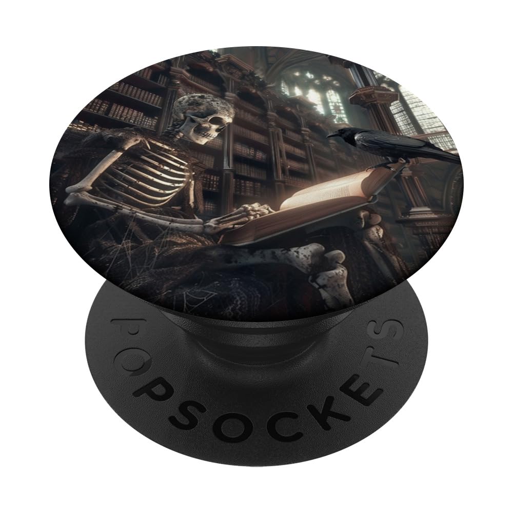Retro Skeleton Reading Book Bookish Gothic Library Halloween PopSockets Swappable PopGrip