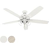 Hunter Fan 60 Inch Matte White Indoor Ceiling Fan with LED Lights, Pull Chains, Fresh White Finish Blades for Bedroom, Living