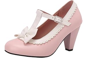 Womens T-Strap Chunky High Heels Bow Pumps Casual Block Heel Closed Toe Mary Janes Shoes Summer Cute Platform Round Toe Dress