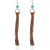Bohemian Fringe Leather Earrrings Handmade Tassel Earrings with Turquoise Long Western Statement Dangel Earrings Vintage Long Turquoise Leather Tassel Earrings for Women Jewelry