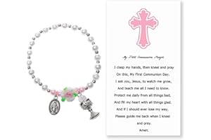 PUGEZ First Communion Gifts, Rose Stretch Bracelet, Presents for Baptism/Confirmation/Christening/Religious, Charms Keepsake with Prayer Card and Bag
