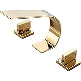 becola Gold Bathroom Faucet 3 Hole,Ultrathin Low Arc 8 inch Widespread Bathroom Faucet,Waterfall Bathroom Faucet,2-Handle Modern Vanity Faucet with Hot and Cold Water Supply Hoses
