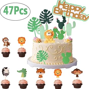 Tpocean 47 Pieces Happy Birthday Gateau Topper Animaux Jungle