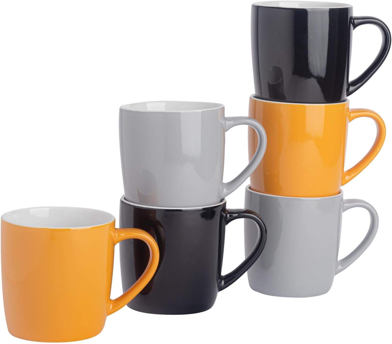 Argon Tableware Tea Coffee Mugs - 6pc Contemporary Coloured Ceramic Cups Set - 350ml - Black Grey Yellow
