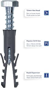 1STec 6 x M10 x 50mm Galvanised Anchor Nylon Mungo Wall Plug Kit + 13mm Hex Bolt view 6