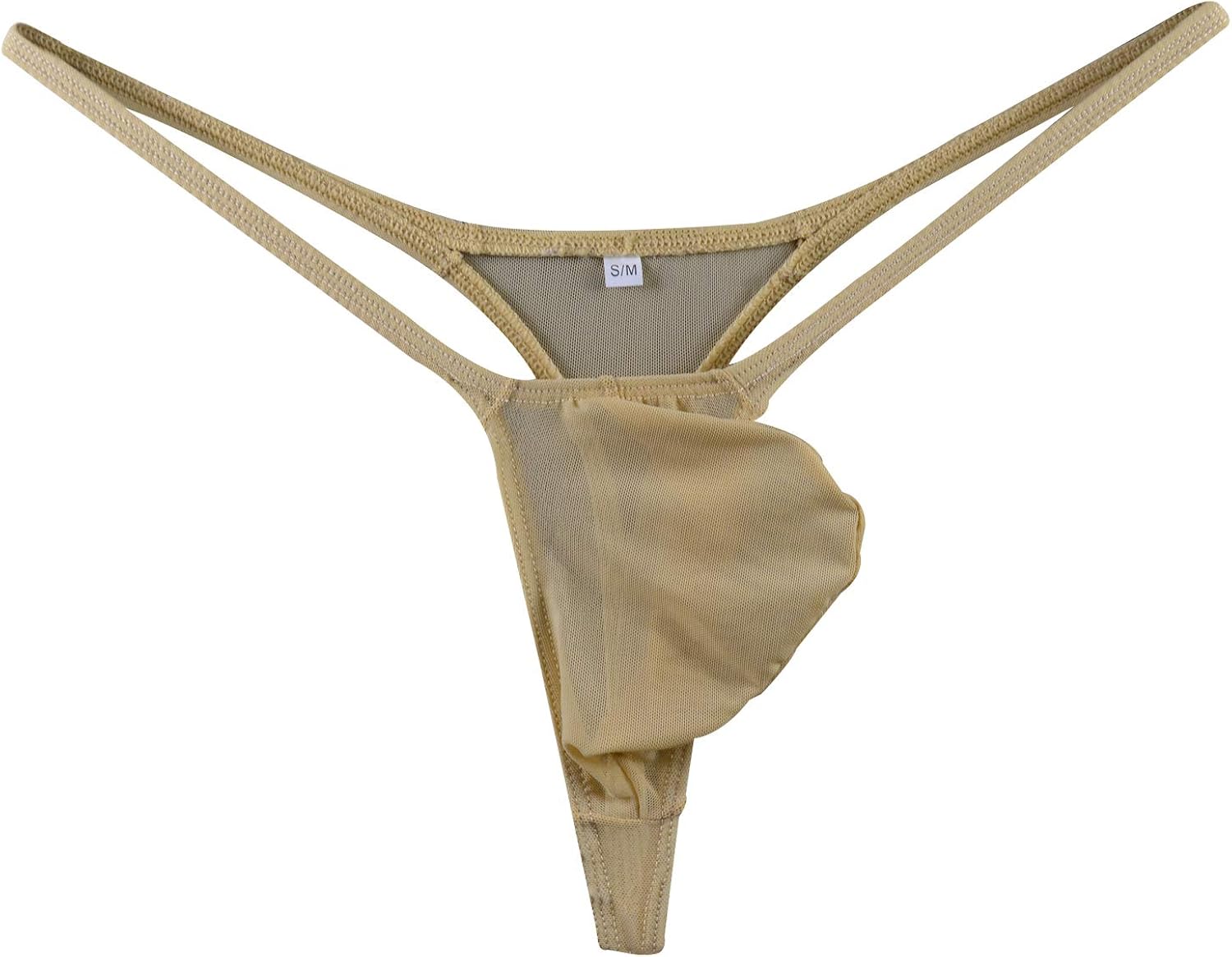WOSESE Men's Sheer GStrings Bulge Pouch Thongs Underwear WSS58 (S/M fit Waist 27''33'', Beige