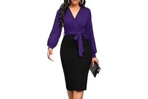 Runwind Women's Work Bodycon Pencil Dress Long Sleeve with V-Neckline Design and Belt