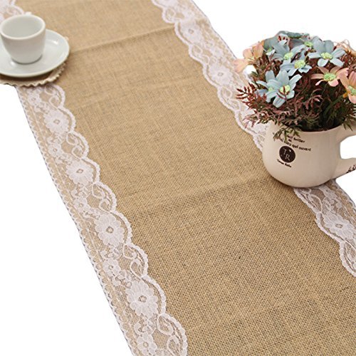 Haperlare 12 x 108 inch Natural Vintage Burlap Table Runner with White Lace Jute Tablecloth Hessian Table Runner Burlap Tablecloth for Country Outdoor Wedding Party Christmas Home Decorations