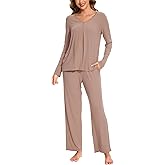 GYS Womens Pajama Sets Viscose from Bamboo Long Sleeve Pleated Tops and Lounge Pants with Pockets Soft Knit Sleepwear Pjs