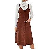 Milumia Women's Corduroy Button Up V Neck Pocket Midi Pinafore Overall Dress