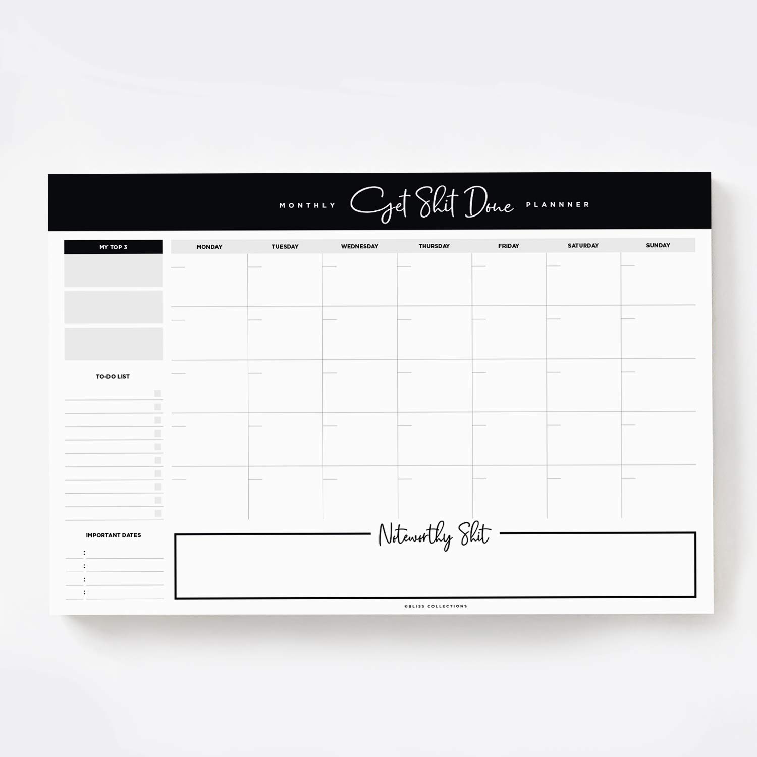 Bliss Collections Monthly Planner with 18 Undated 297 x 420 Tear-Off Sheets - Get Stuff Done Calendar, Organiser, Scheduler, Productivity Tracker for Organising Goals, Tasks, Ideas, Notes, to Do Lists