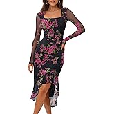 MEROKEETY Women's 2026 Wedding Guest Dress Bodycon Long Sleeve Square Neck Ruched Mesh Cocktail Party Holiday Midi Dresses