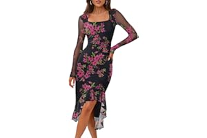 MEROKEETY Women's Long Sleeve Fall Wedding Guest Dress Elegant Classy Bodycon Square Neck Mesh Cocktail Midi Dresses