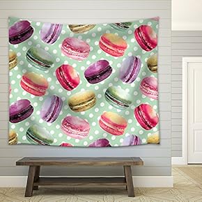 Vector - Watercolor Macaron Seamless Pattern. French Dessert with Different Tastes and Bright Colors. - Fabric Wall Tapestry Home Decor - 51x60 inches