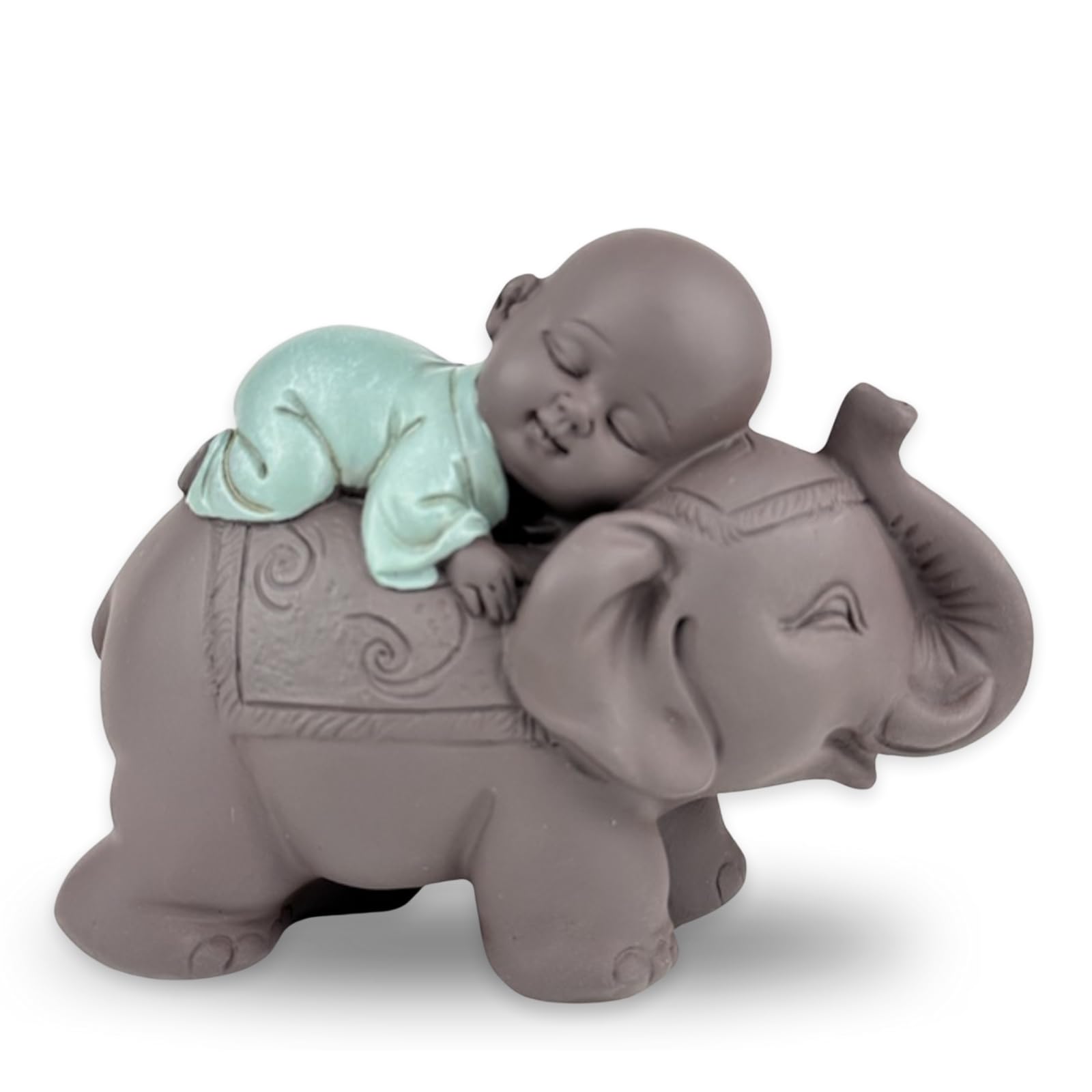 Zen'Light Statue Buddha Bonze Sleeping on Elephant - Zen Atmosphere in Your Sacred Room - Beautiful Lucky Figurine - Height 9.5 cm, Brown & Green