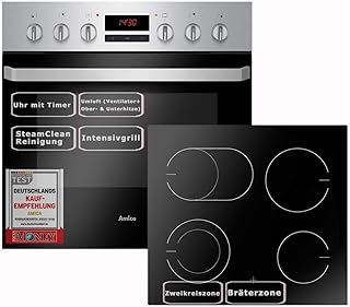 Amica Einbau Herd Set | Backofen mit Grill und Umluft | Rahmenloses Glaskeramik Kochfeld mit Zweikreis und Bräterzone | Timer | Steam Clean | EHC 933 015 E