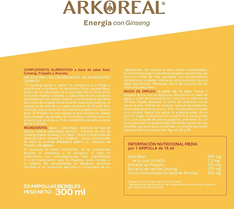 Arkopharma arkoreal royal jelly energy com ginseng sem açúcares 20 ampolas, plus energia, fortificante, estimulante, suplemento alimentar