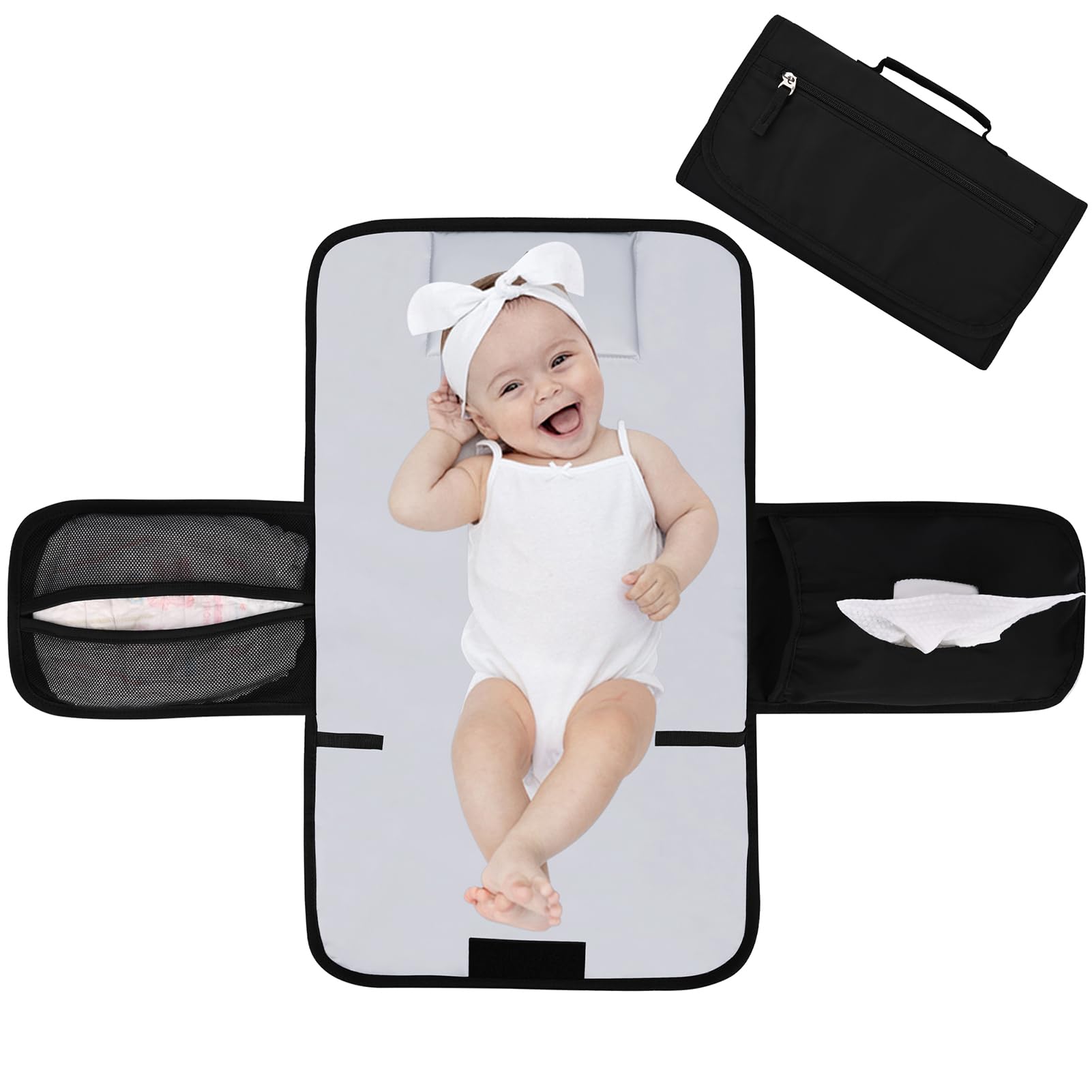 Bebamour Portable Nappy Changing Mats with Wipes Pocket Travel Baby Changing Pads with Head Cushion for Infants Waterproof Diaper Changing Pads Newborn Essentials, Upgraded Black