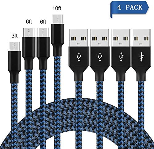 Micro USB Cable Charge, HWTONG Nylon Braided High Speed USB Micro USB Charging Cable, Sync and Charging Cord for Kindle, Samsung, Nexus, Android Smartphone etc 4 Pack 10FT 6FT 6FT 3FT [Black&amp;Blue]