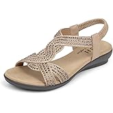 VJH confort Women's Flat Sandals Rhinestone Stretchy Strap Low Wedge Comfy Dressy Walking Sandals
