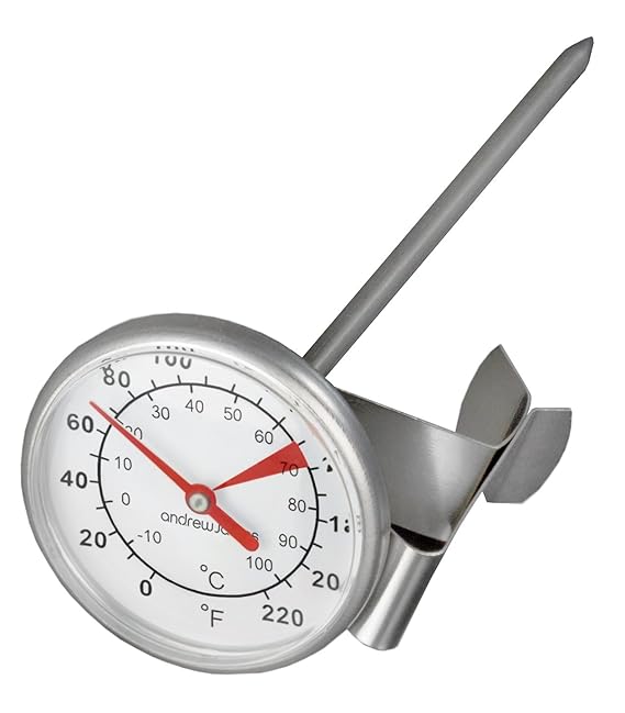 Andrew James Milchthermometer aus Edelstahl mit Clip| Lebensmittelsonde Geeignet für Flüssigkeiten Lebensmittel und Selbstgemachte Marmelade