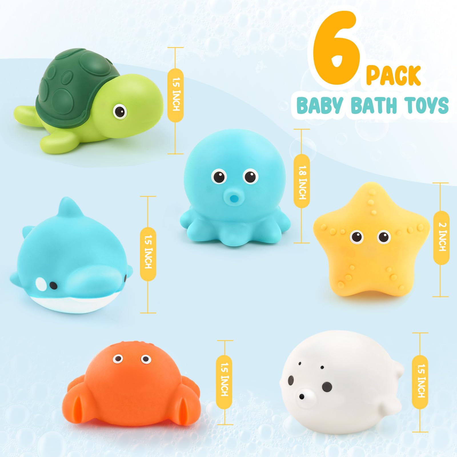 Bath Toys 6 Pack No Hole Baby Bathtub Toys Soft Squeezable & Float on Water Easy-Grip Toddler Bath Toy Set for Kids Ages 1-3 Tub Pool Toys