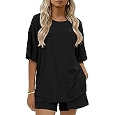 Ekouaer Womens 100% Cotton 2 Pieces Short Sets Summer Short Sleeve Outfits Casual Matching Lounge Set with Pockets