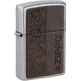 Zippo Brown Leather Emblem Design Street Chrome Pocket Lighter
