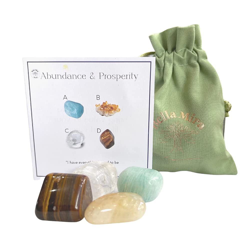 Crystal Gift Set for Abundance & Prosperity - UK Designed 4 Stone Premium Selection for Meditation, Healing & Chakra Balancing. Comes with Gift Pouch, Crystals Wellness & Usage Guide Plus Info Booklet