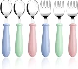 Lanjue 3 Set Baby Fork and Spoon Stainless Steel Flatware 6 Pcs Blue Green Pink