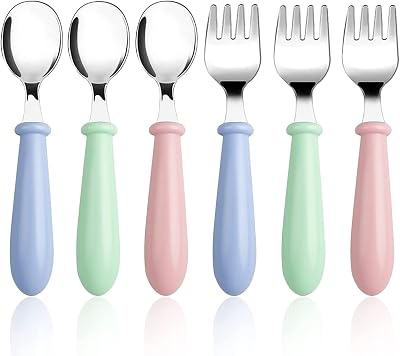 Lanjue 3 Set Baby Fork and Spoon Stainless Steel Flatware 6 Pcs Blue Green Pink