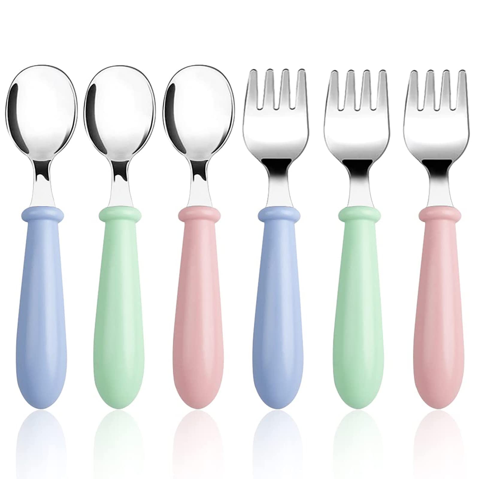 Lanjue 3 Set/6 PCS Baby Fork and Spoon, Toddler Utensils Stainless Steel Forks Spoons Silverware Set with Round Handle Kids Children's Flatware Cutlery x Forks,3