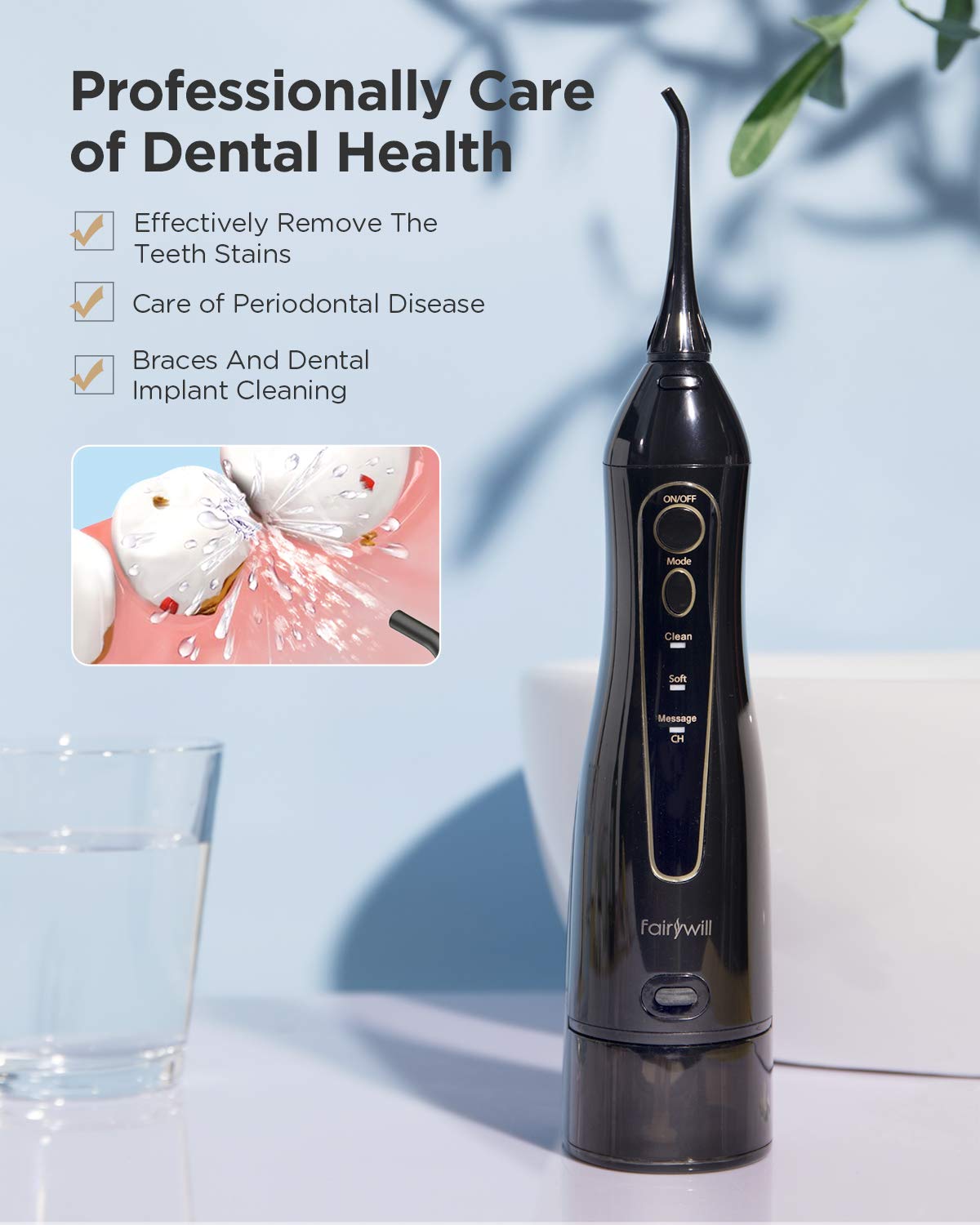Water Flosser Professional Cordless Dental Oral Irrigator, 300ML Portable Water Tank and Rechargeable(No adapter)IPX7 Waterproof, 3 Modes and 8 Jet Tips, Water Flosser for Braces & Bridges Care, Home: Beauty