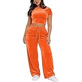 SMSN Women 2 Piece Outfits Velvet Sweatsuit Set Casual Short Sleeve Pullover Tops and Wide Leg Sweatpant Tracksuit Sets