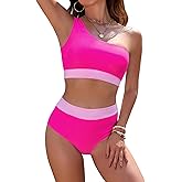 SHEKINI Women's One Shoulder High Waisted Bikini Set Two Piece Swimsuit Tummy Control Full Coverage Bathing Suits(S,Fluorescent Pink)
